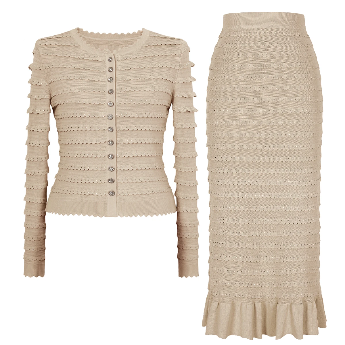 

High-quality Womens 2 Piece Set Fashion Knitted Lace Rhinestone Top Cardigan Jacket+slim Split Ruffle Edge Half Skirt Set