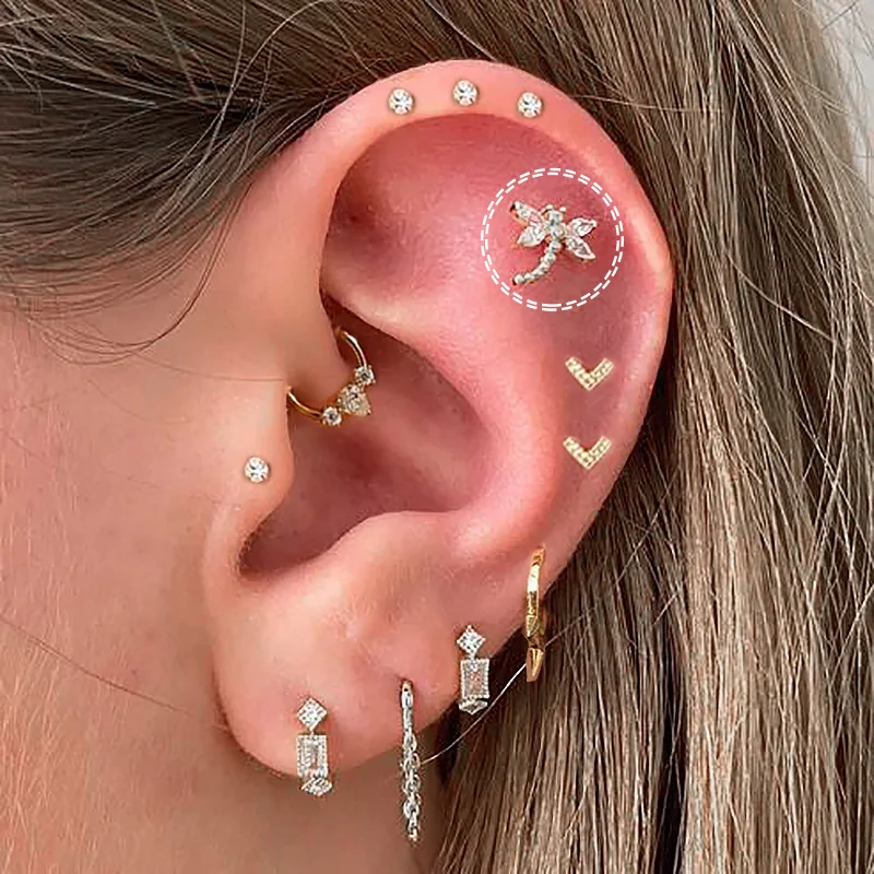1pc Dainty Cute Dragonfly Shaped Helix Tragus Daith Pierced Earrings for Women Female Y2k Earbone Fashion Jewelry CC168