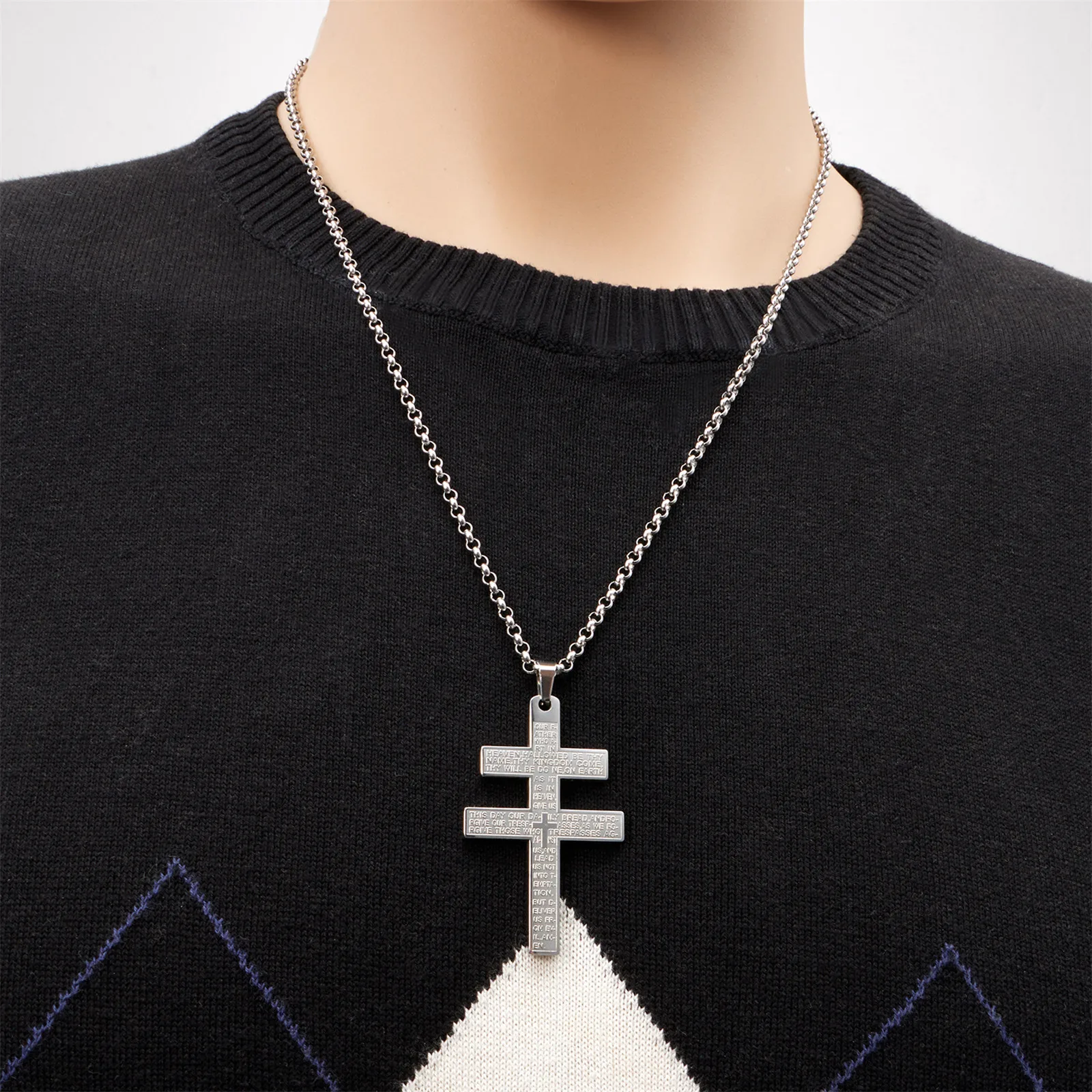 Cross of Lorraine Pendant with Lord\'s Prayer Words Bible Verse Catholic Christian Religious Stainless Steel Necklace Crux Vera