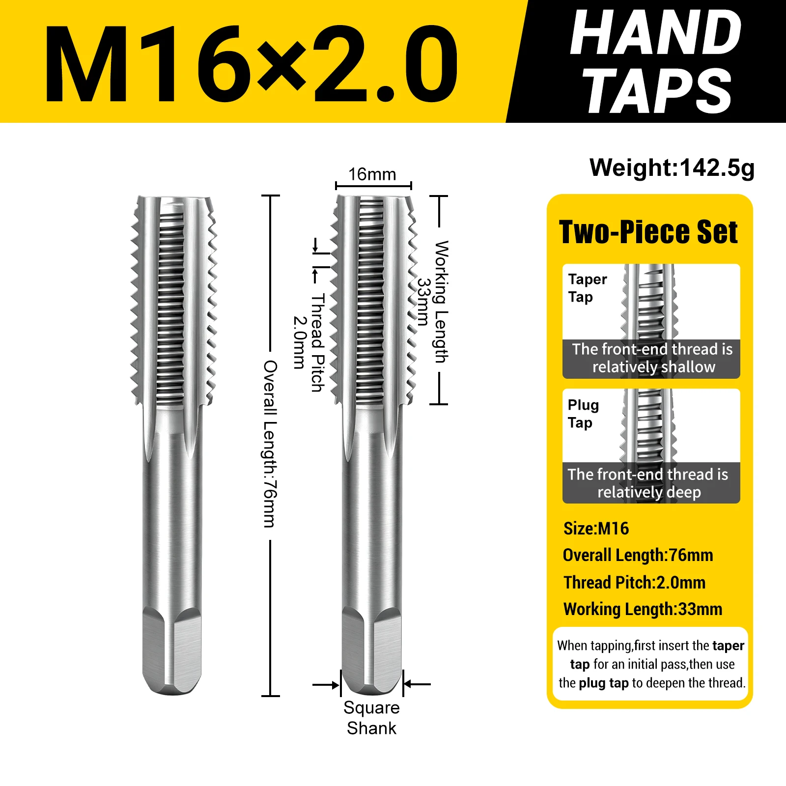 M3-M24 metrische handtaps, set van 2 stuks, conische plugtaps, HSS4241, taps met rechte snijgroef voor het maken van binnendraad in metaal, geschikt voor gelegeerd staal.