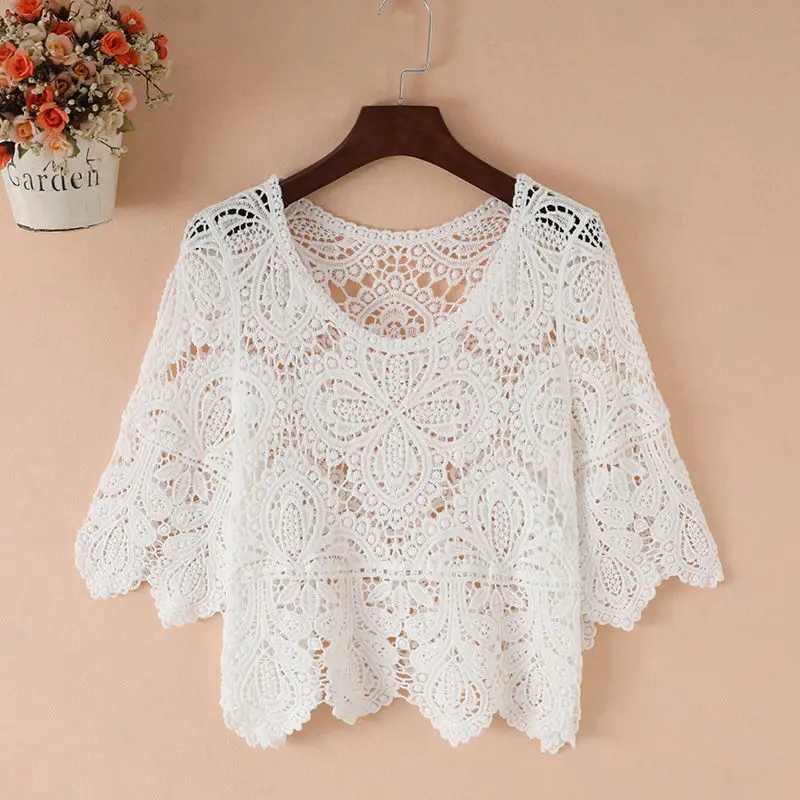 2023 Women New Loose Hollow Short Round Neck Knitted Top Woman Casual Fashion Female Summer Pullover Printing Handmade Sweater