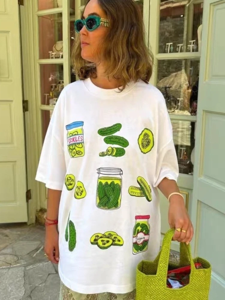 Trendy Funny Pickle Graphic T-Shirt Sweet Girls Women Retro Dill Pickle Jar Print Summer Casual Tee Food Lover Oversized Top - view 4