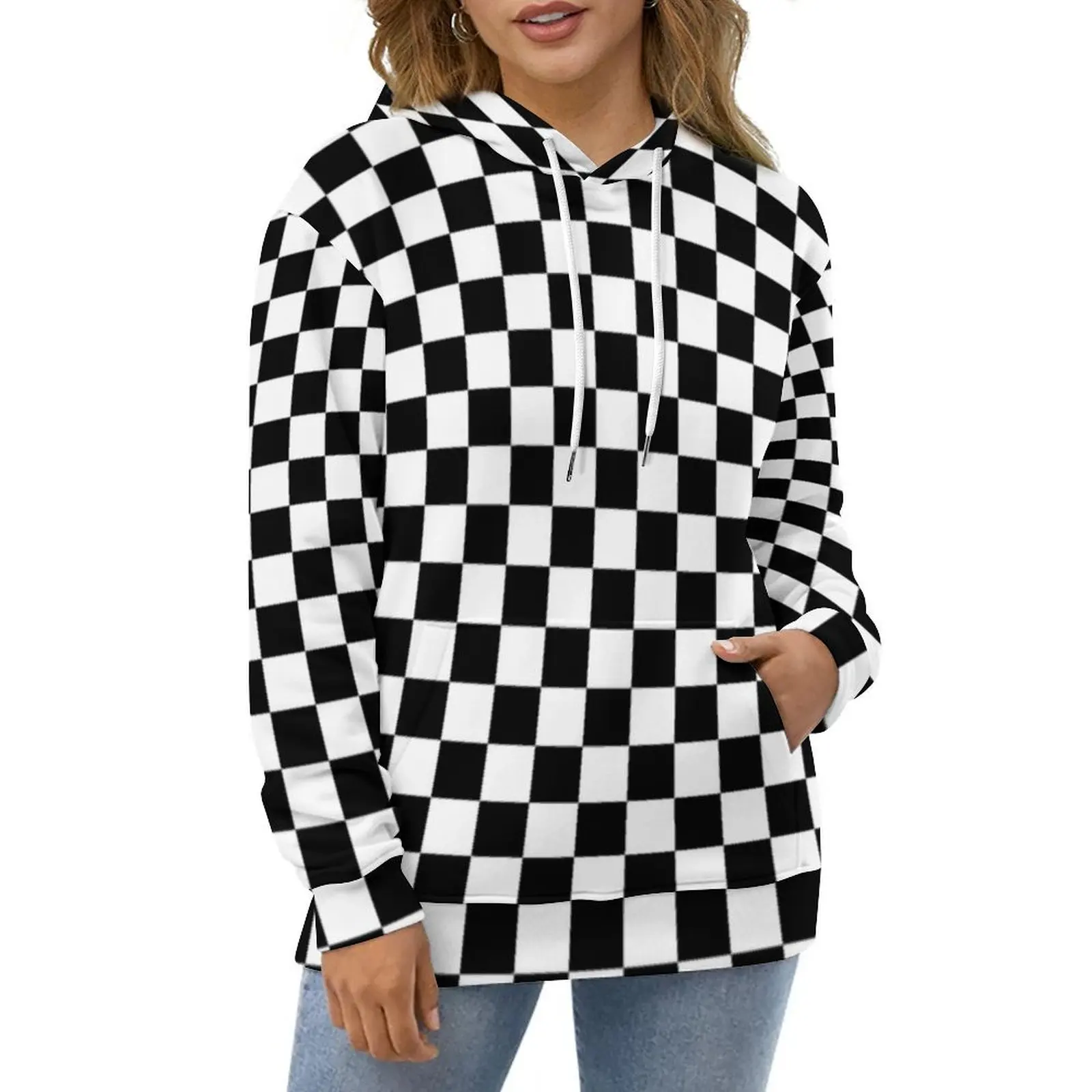 

Vintage Plaid Casual Hoodies Black White Checkered Funny Hoodie Couple Long Sleeve Street Style Loose Oversize Sweatshirts