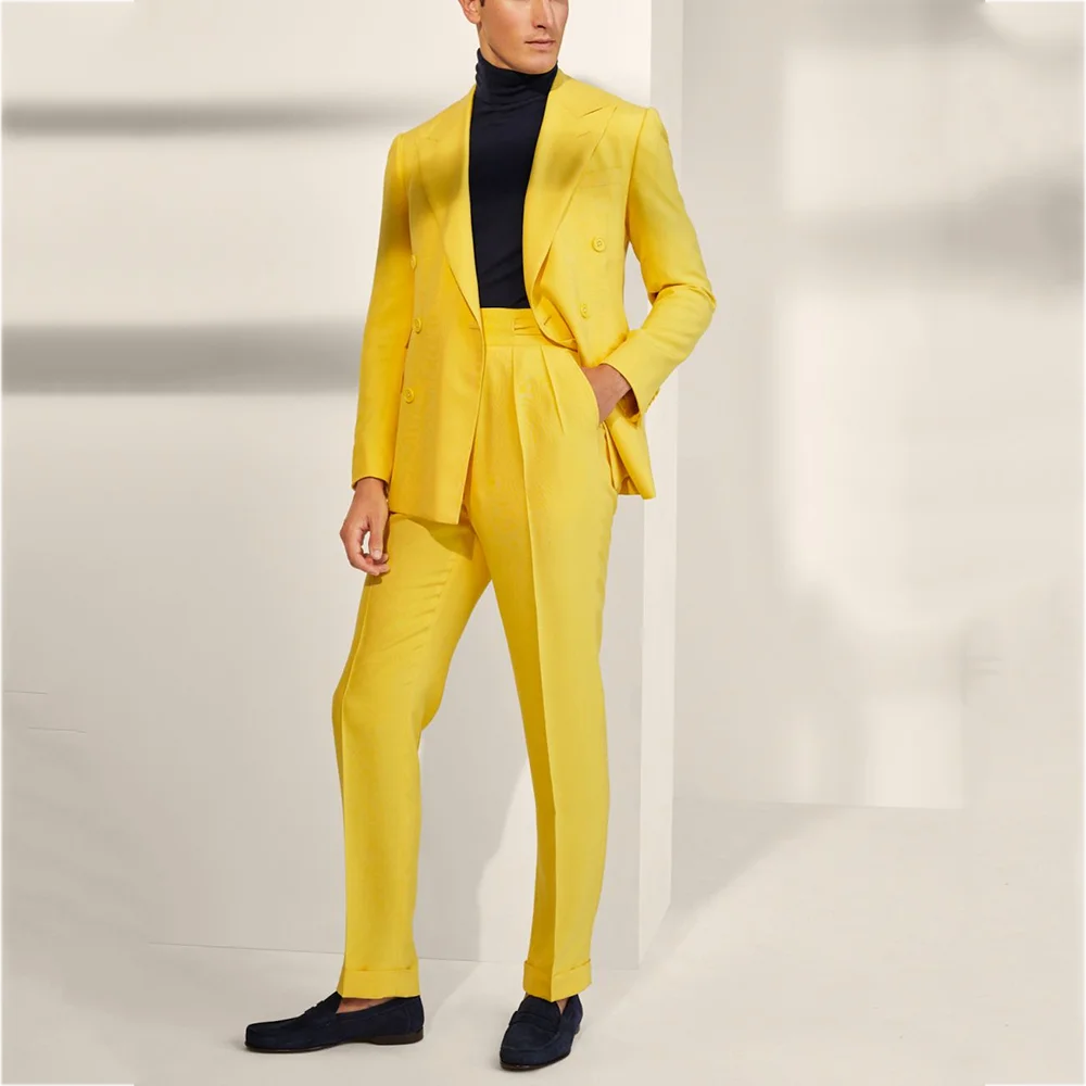 

Solid Yellow Men's Suit Chic Peak Lapel Fashion Blazer Double Breasted High Street Male Clothing Casual Outfit Jacket Pants
