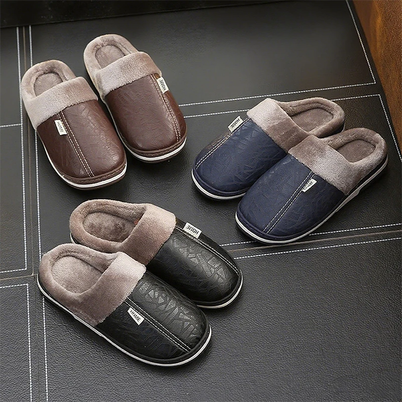 Big Size 36-51 Men Winter Slippers Warm Cotton Shoe Waterproof PU Leather Women House Furry Slipper Couples Bedroom Plush Flats