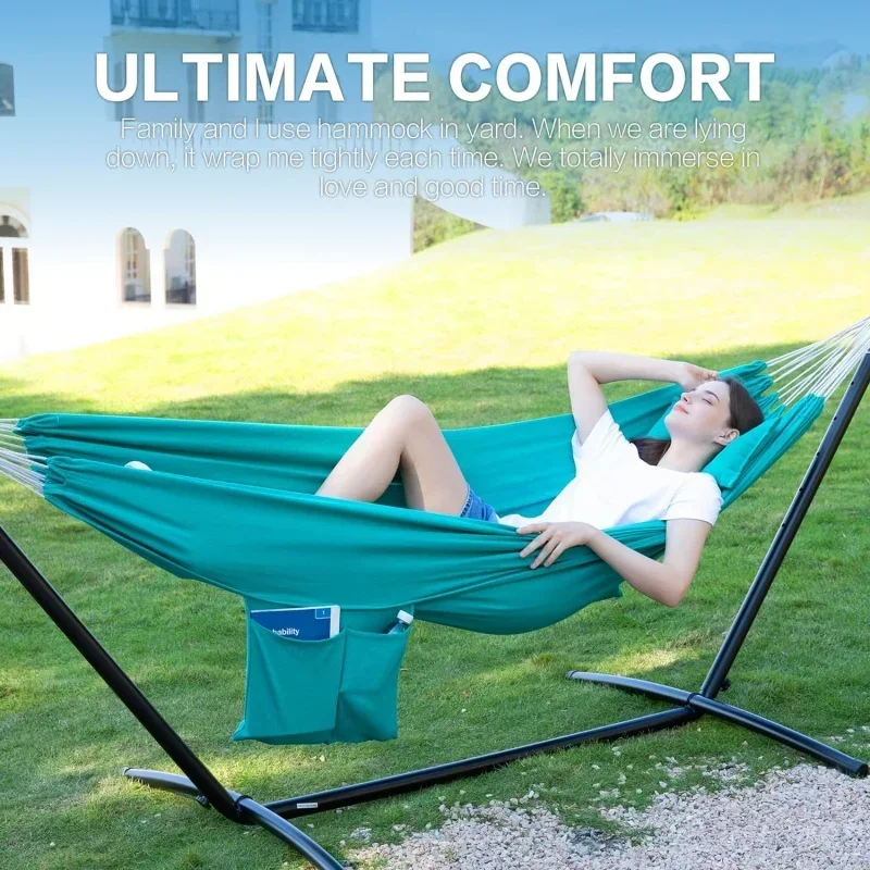 Double Hammock with Space Saving Steel Stand 2 Person Heavy Duty Garden Yard Outdoor 450lb Capacity Hammocks and Portable Carryi