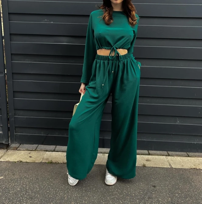 Free Spirited Girl 2024 Fashion Monochrome Lace Up Cut Long Sleeved Shirt and Casual High Waisted Wide Leg Pants Set In Stock