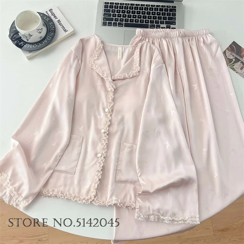 New Female 2Pcs Pajamas Lingerie Sets Elegant Pink Jacquard Butterfly Sleepwear Long Sleeve Trouser Pijamas Suit Loose Homewear