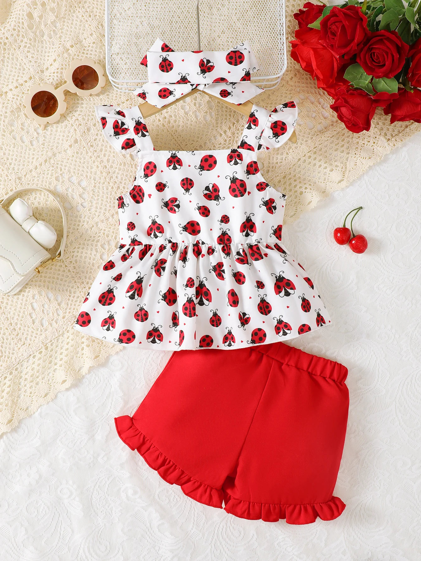 Fashion Baby Girl 3Pcs Summer Outfit Set Ladybug Print Ruffle Strap Top + Shorts + Bow Headband Casual Newborn Clothes for 0-3Y