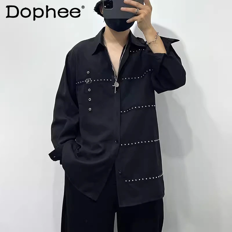 

Мужские осенние новые индивидуальные топы с металлическими сращивающимися дизайнами, свободные удобные стильные рубашки, мужские модные красивые рубашки с заклепками