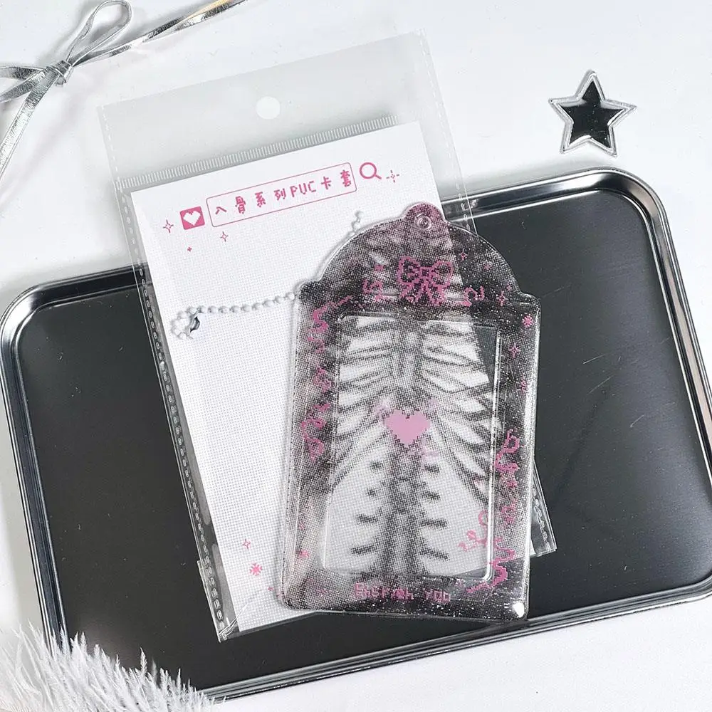 Rib X-ray Photocard Holder With Keychains Cute 3inch Cards Protect Sleeves Bowknot Students Key Chain Accessories Card Holder