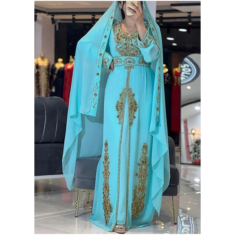 Turquoise Kaftani Jenna Abaya Bloemen Lange Trouwjurk Dubai Marokko Modetrends