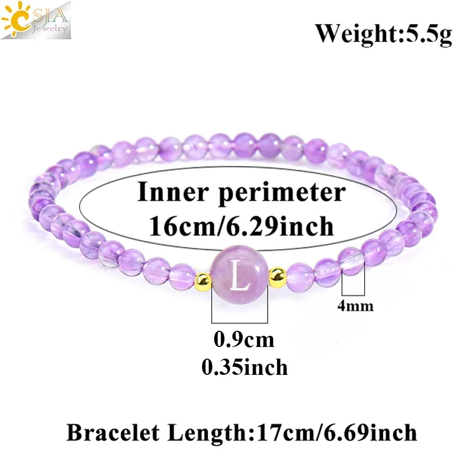 CSJA Natural Stone Initial Bracelet 4mm Pink Crystal Beads Bangle Letter A-Z Birthday Bracelets for Women Girl Jewelry Gift T087