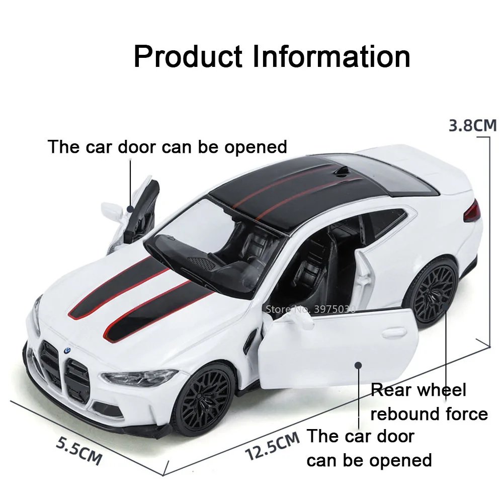 1:36 BMW M4 CSL Diecast Cars Toy Alloy Model High Simulation Doors Opened Pull Back Cars Toys Collection Ornaments Gift for Kids