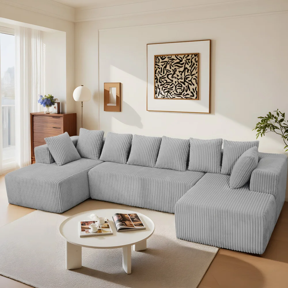

130" Cloud Boneless Corduroy Sofa: U-Modular Chaise, No Assembly, 4 Seats Oversized (Grey)