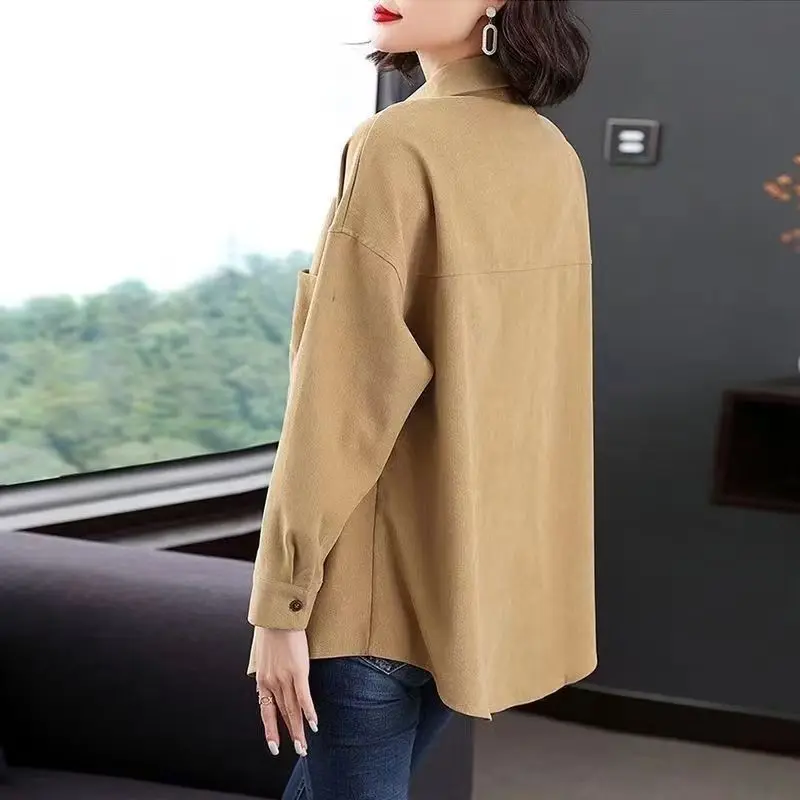 Women Spring Korean New Fashion Casual Commute Polo-Neck Shirt Button Pockets Spliced Loose Plus Size Long Sleeves Cardigan Coat