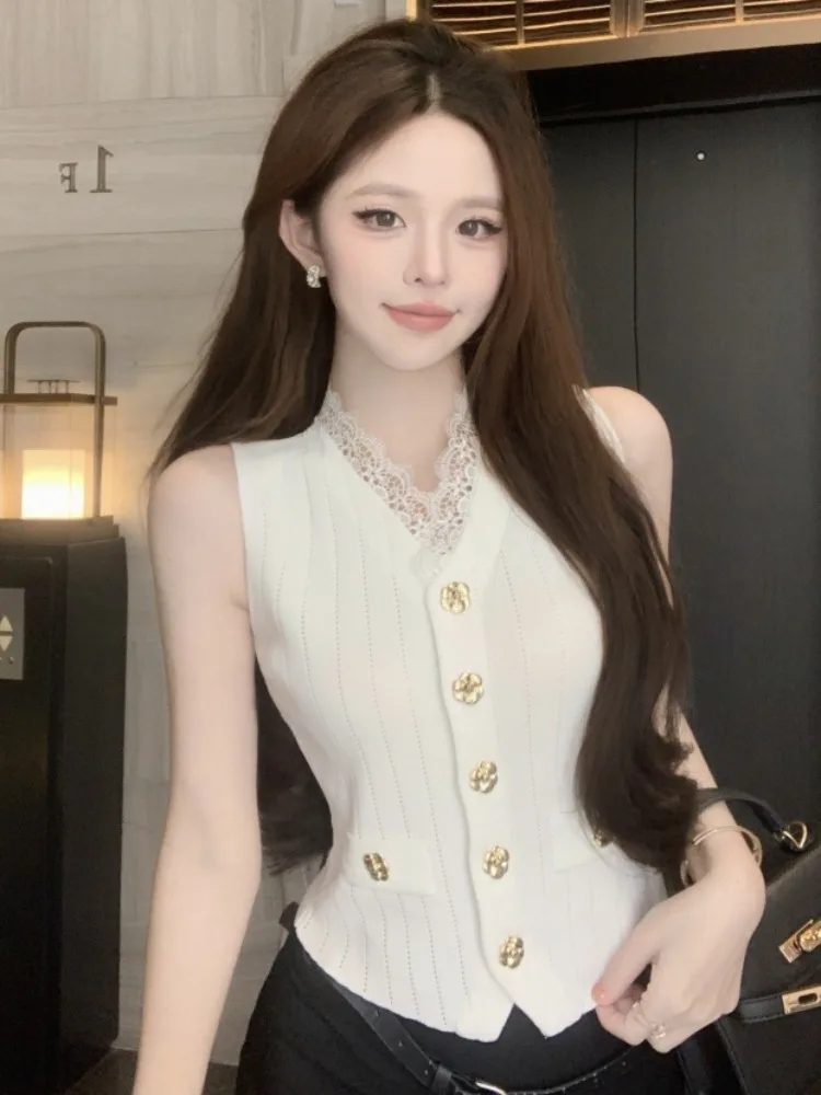 

Knitted Lace Vest Sleeveless Women's Base Layer Shirt Inner Wear Shoulder Padless Standard Fit City Walk Autumn Winter