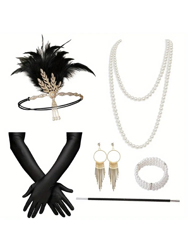 

A complete 1920s ladies costume accessory set 1920s headband pearl necklace gloves Halloween holiday party decorations