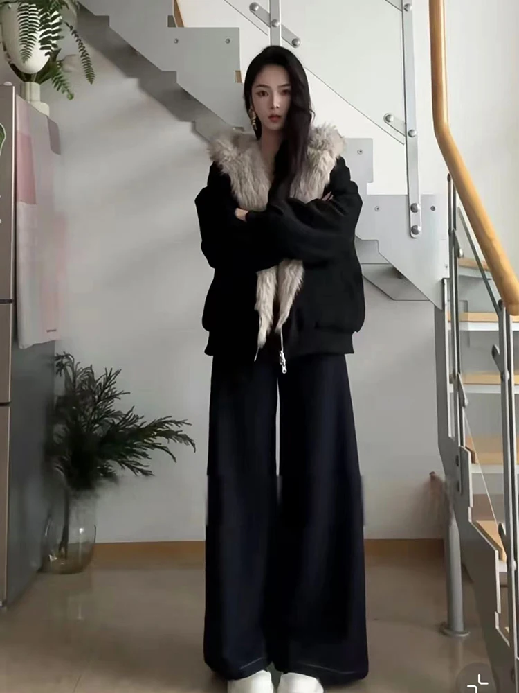 2025 Winter Korean Style Cat Ear Beige Furry Hooded Coat for Women Thickened and Lined Black Loose Casual Jacket