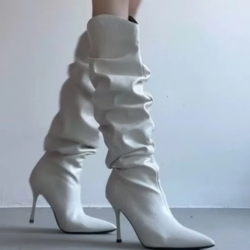 Pleated Pointed Toe Women Long Boots Street Style High Heels Party Stripper Female Leather High Booties