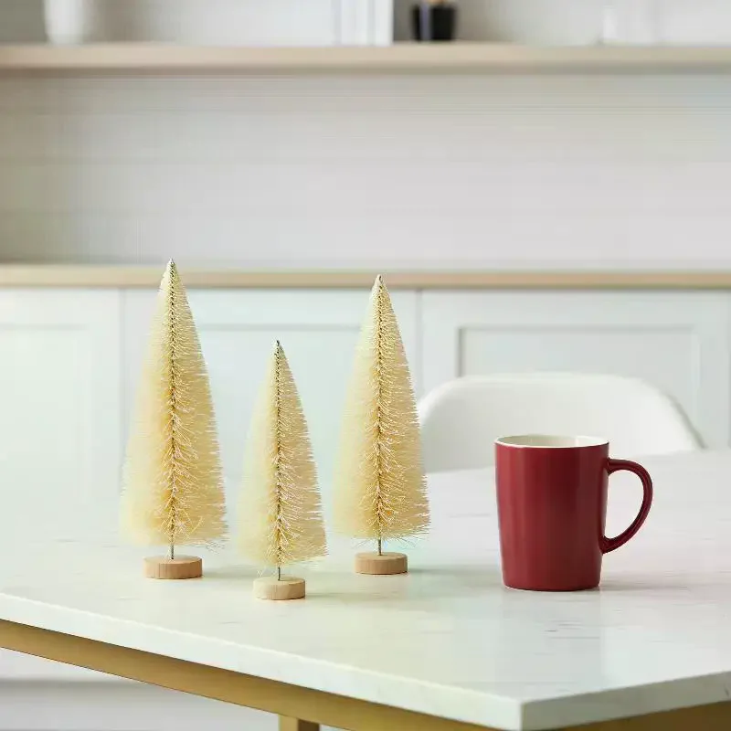 Mini Artificial Christmas Tree Snow Frosted Finish Natural Wooden Base Tiny Xmas Ornament for Bookshelf Countertop Holiday Deco