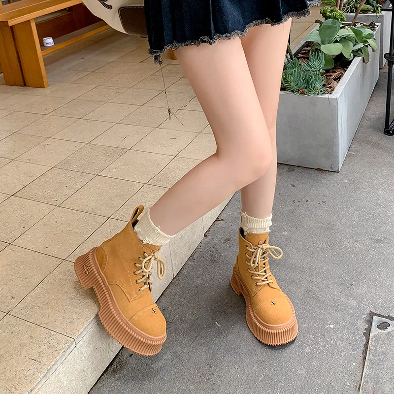 MKKHOU Fashion Short Boots Women New High Quality Suede Round Head Lace up Thick Sole Boots Street Modern Yellow Ankle Boots