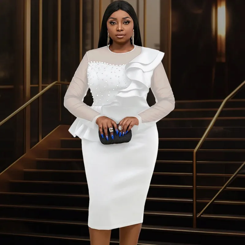 

L-4XL Plus Size African Dresses for Women Autumn Elegant African Long Sleeve Mesh White Bodycon Midi Dress Africa Clothing