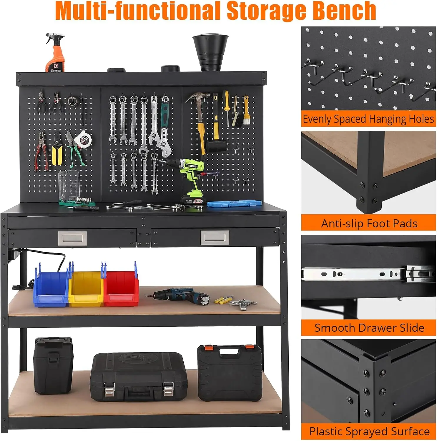 ガレージ用の頑丈なスチールワークベンチ,コンセント付きワークショップ,2つの引き出しと3レベルのペグボード,0.4の耐久性