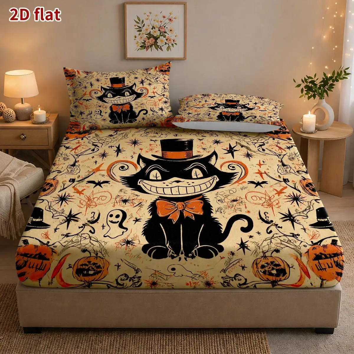 Halloween Bedding Set (Includes 1 Fitted Sheet + 2 Pillowcases, No Core) 2D Flat Printing, Mattress Protector, Halloween Black Cat Smile Theme, Vintage Hand-Drawn Illustration Style, Halloween Carnival Season, Suitable for All Seasons, Elastic Fitted Sheet Protector, Machine Washable, Easy Care, Soft and Breathable Mattress Protector view 3