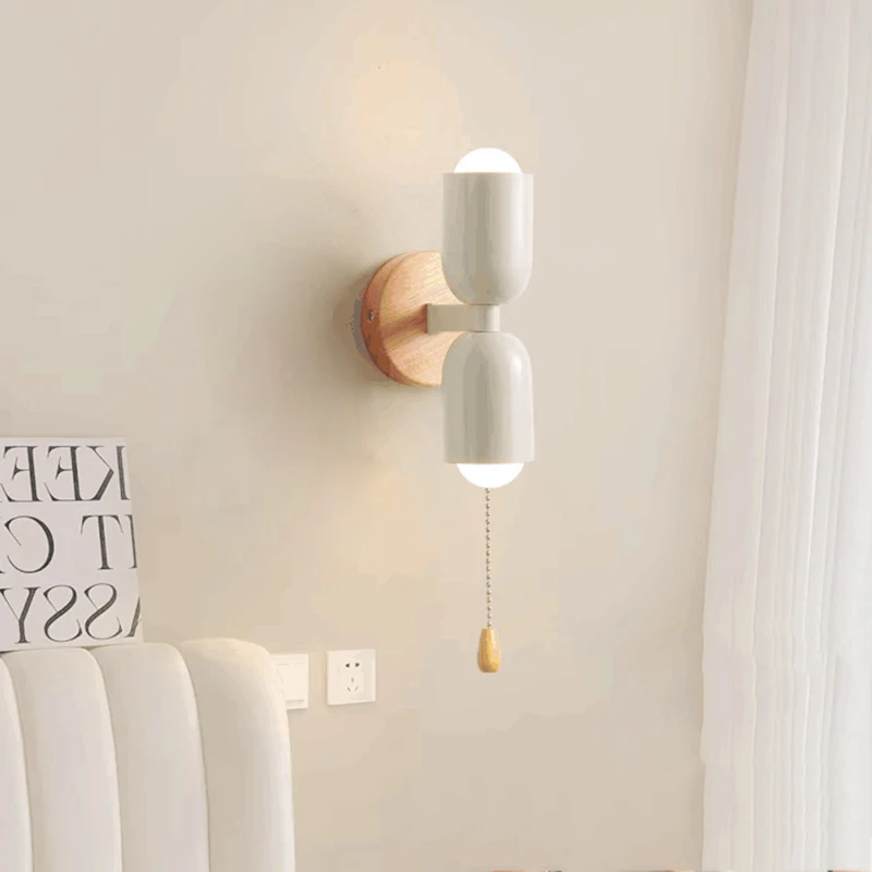 Lámpara de pared de madera nórdica, iluminación decorativa minimalista con cremallera, color crema, para dormitorio, mesita de noche, sala de estar,