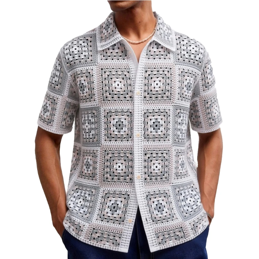 2026 Summer New Men's Knitted Hollow-Out Short-Sleeve Shirt American Retro Fashion Trendy Casual Loose Breathable Men's Top