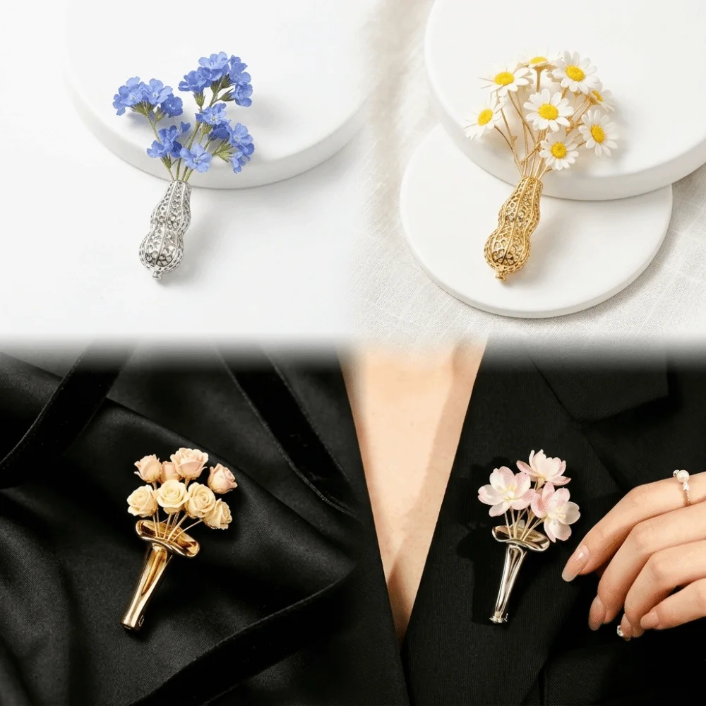 Vintage Hollow Design Vase Brooch Vase Shape Dried Flower Holder Lapel Pin Creative Flower-Insertable Brooch Suit Decor