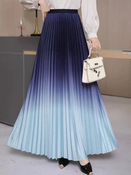 Pleated Skirt Women Floor-Length Long Skirt Korean Fashion Gradient Elastic High Waist A-line Dance Party Skirt Spring Autumn