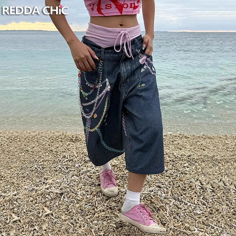 

ReddaChic Colorful Chain Y2k Bermuda Pants Women Denim Shorts Retro Pleats Pockets Printing Wide Leg Jorts Casual Summer Bottoms