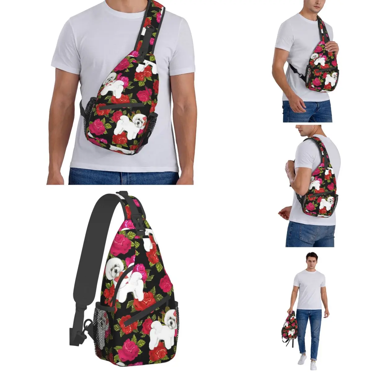 Bichon Frise Red Rose Small Sling Bags Chest Crossbody Shoulder Backpack Outdoor Hiking Daypacks Dog Lover Cool Bags