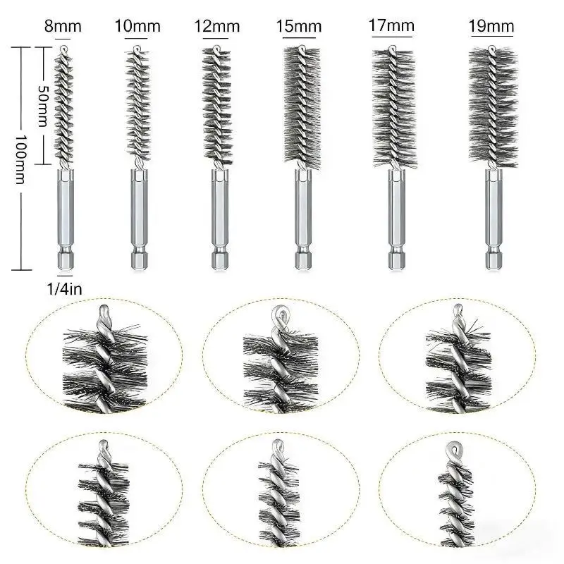(Ce14)6/8/10/12/14Pcs 8-19mm Stainless Steel Pipe Cleaning Brush 1/4 Hexagonal Wire Brush For Electric Drill Cleaning Tool