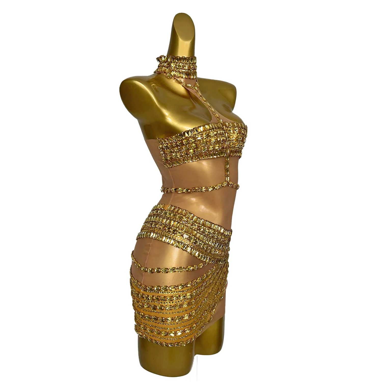 Gouden Steentjes Jurken Vrouwen Paaldans Performance Kleding Feest Rave Outfit Clubkleding Stretch Drag Queen Kostuum Fangtang