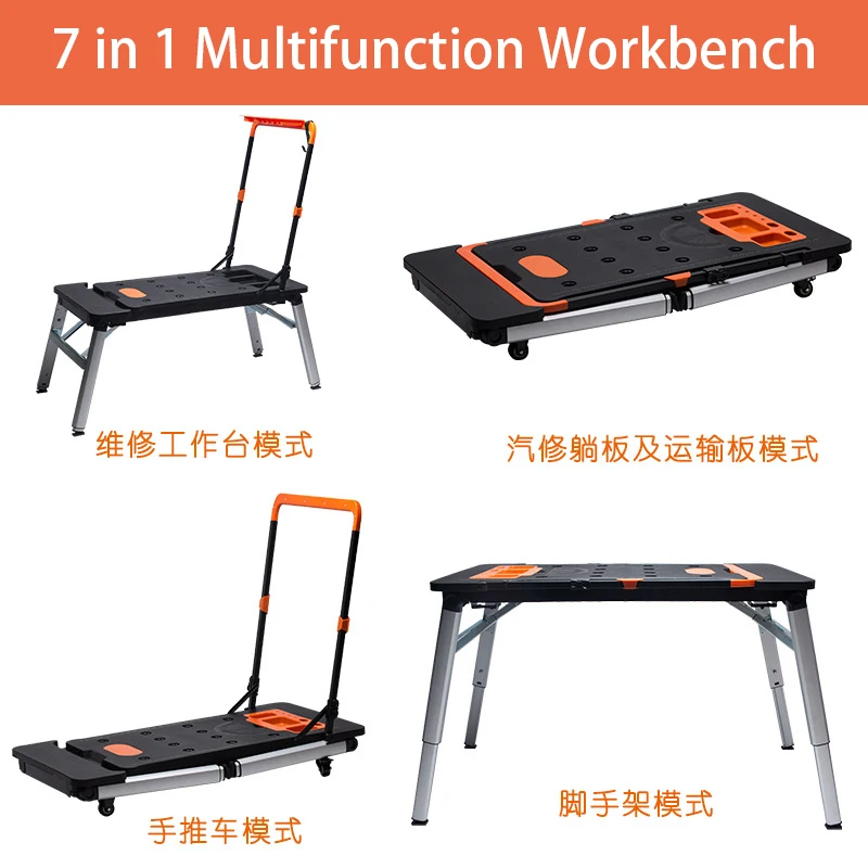 Work Bench Carpenter Table Multifunction 7 in 1 Woodworking Workbench Portable Folding Sawhorse Scaffold Car Creeper