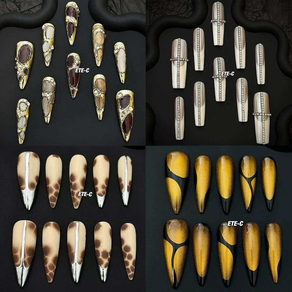 

Spicy Girl Handmade Long Coffin Stiletto French Press On Nails 3D Flower Diamond Pearl Butterfly Lace Bowknot Reusable Fake Nail