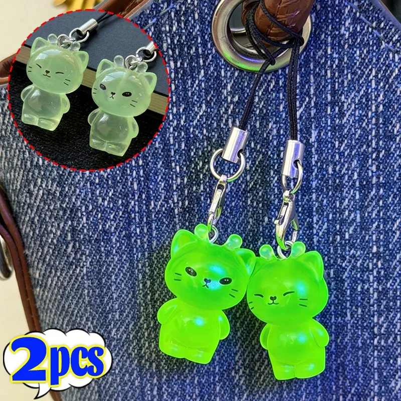 Glow in The Dark Alien Cat Keychain Phone Lanyard Resin Pendant Cute Sci Fi Charm for Keys Backpack Bag Purse Festival Rave Gift