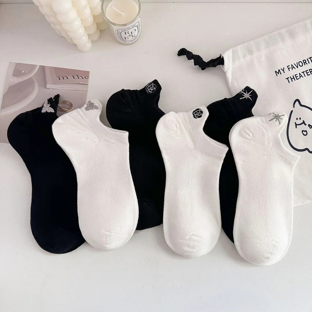 6 Pair Luxury Brand Women Socks Cute Animal Flower Embroidery Short Socks Shallow Mouth Breathable Spring Summer Female Socken