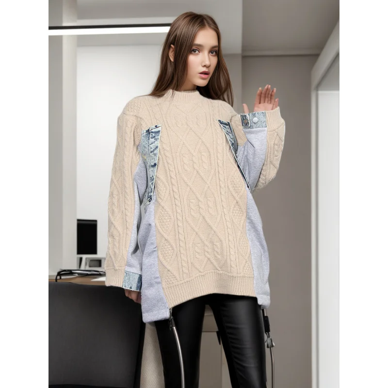 

Round Neck Denim Patchwork Knitting Tops 2025 Autumn Casual Loose Asymmetry Long Sleeve Pullover Sweater Women