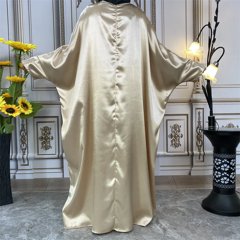 Simple Shiny Satin Round Neck Islamic Robes Middle East Abaya for Women Muslim Dress Modest Colthing Vestido Longo Feminino