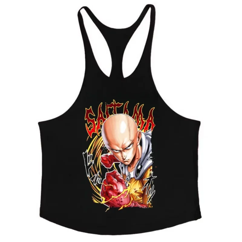 Saitama الرجال تانك القمم 100% القطن سترة انمي ياباني واحد لكمة رجل الذكور الصالة الرياضية الملابس اللياقة البدنية العضلات قميص بلا أكمام Sweatshir #1
