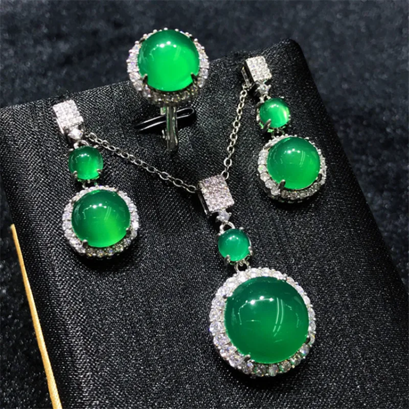 

Handmade Jade Diamond Jewelry set 925 Sterling Silver Engagement Wedding Rings Earrings Necklace For Women Bridal Party Jewelry
