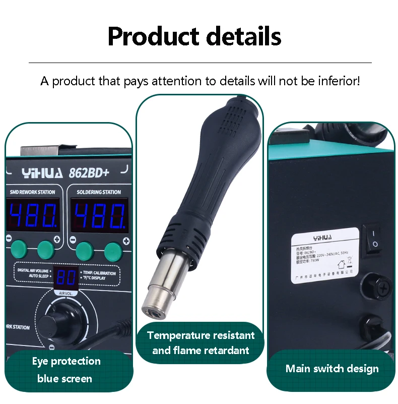 862BD 750W Heißluftpistole Rework Station Lötkolben Lötstation mit LED-Lampe