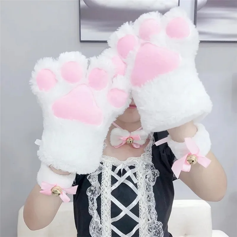 Cute Plush Cat Claw Paw Gloves for Girls Plush Mittens Warm Soft Plush Fingerless Fluffy Bear Gloves Costume Half Finger Gloves