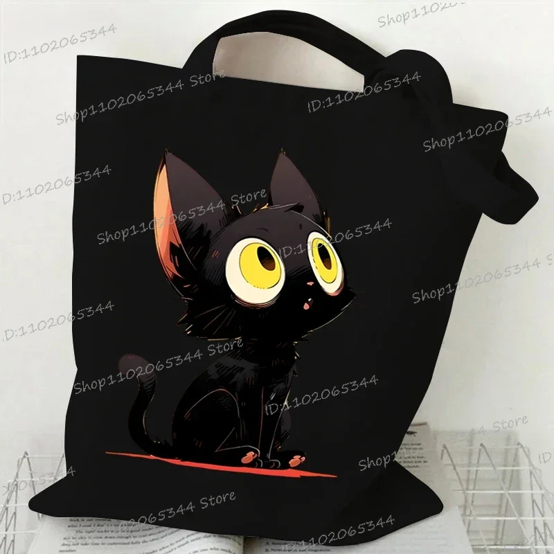 Canvas Tote Bag Anime Black Cat Print Shopping Bag Women Graphic Casual Fashion Teen Handbag Cartoon Kitten Side Bag for Ladies