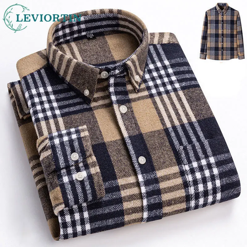 Spring/Autumn New Japanese Retro Checkered Shirt for Men, Fashionable, Versatile Brushed Casual, Simple Lapel, Long Sleeve Shirt