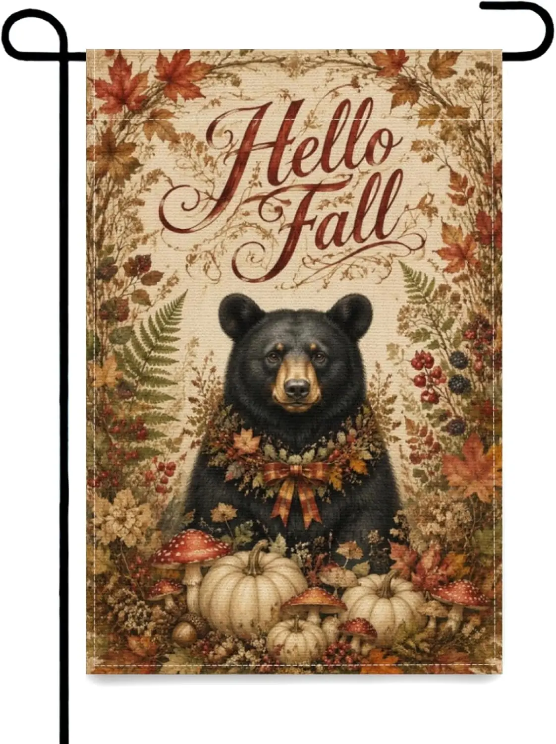 Hello Fall Garden Flag 12x18 Inch Autumn Cute Funny Black Bear Floral Wreath Vintage Rustic Home Farmhouse Outdoor Yard Deco aaz